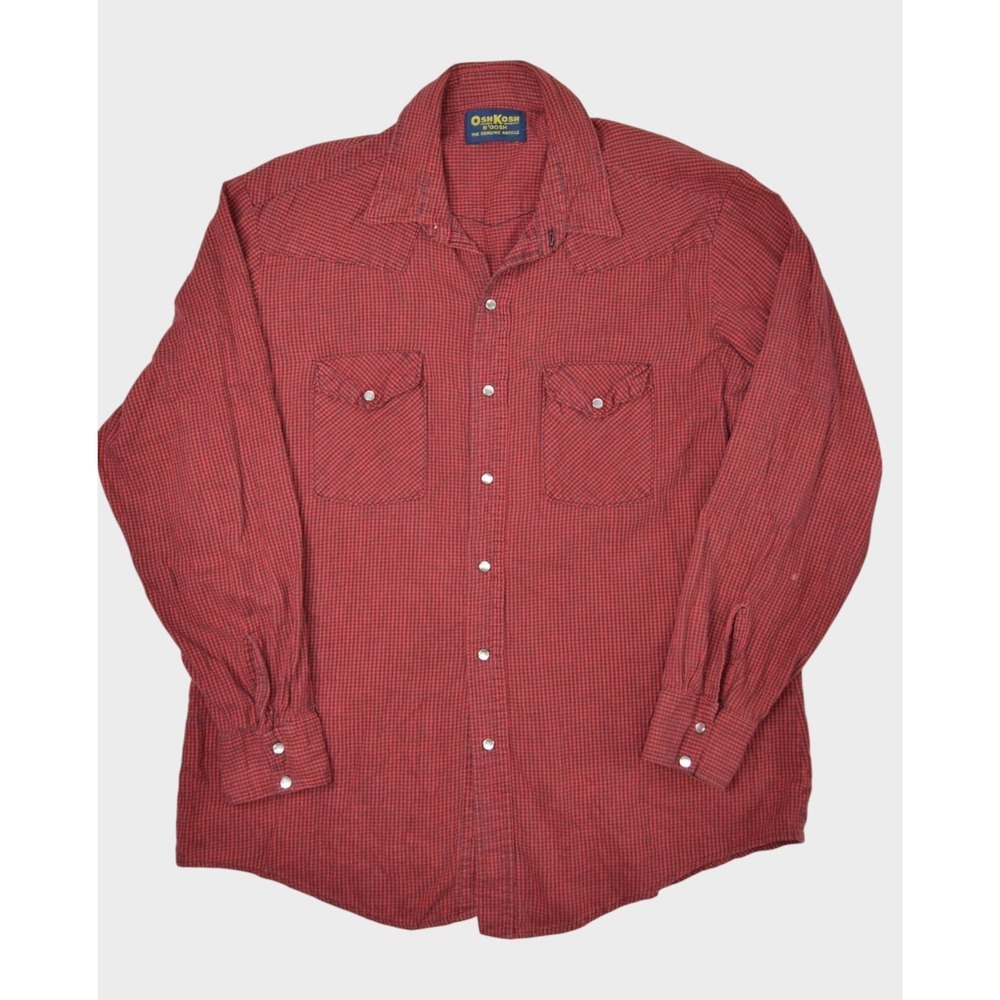 Vintage Oshkosh Shirt Mens XL Red Plaid Flannel Western Pearl Snap Long Sleeve